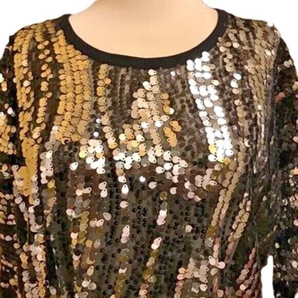 Joan Boyce Sparkling Gold & Black Sequin Top w/Ribbed Trim Sleeves SMALL NWT $99 - Picture 3 of 12